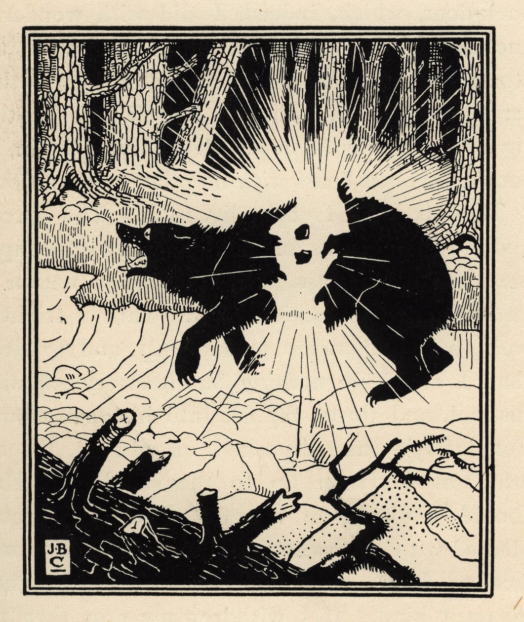 Baron odpálí černého medvěda dvěma pazourky. Ilustrace Williama Stranga (1859-1921) a JB Clarka z „Dobrodružství barona z Munchausenu (Munchhausen) od Rudolfa Ericha Raspeho (1736-1794) (1789) od Unbekannt