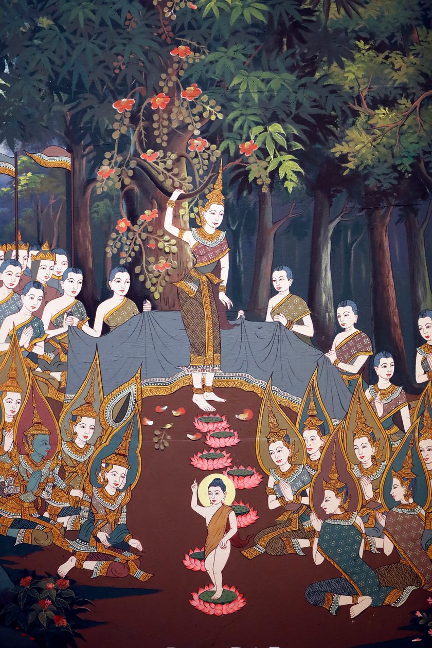 Narození dítěte Siddhartha, nástěnná freska, chrám Wat Botum, Phnom Penh, 2022 (foto) od Unbekannter Künstler