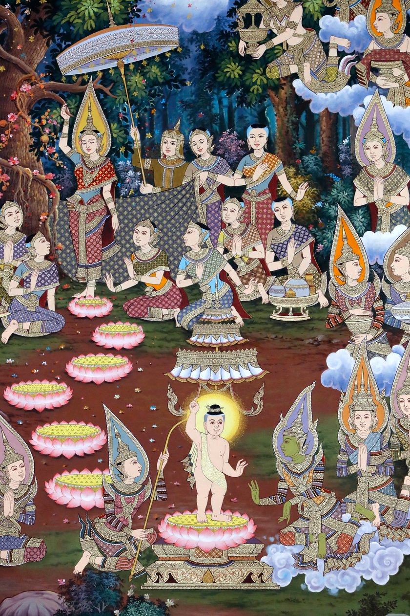 Narození dítěte Siddhartha, nástěnná freska, klášter Wat Maniratanaram, Phnom Penh, 2022 (foto) od Unbekannter Künstler