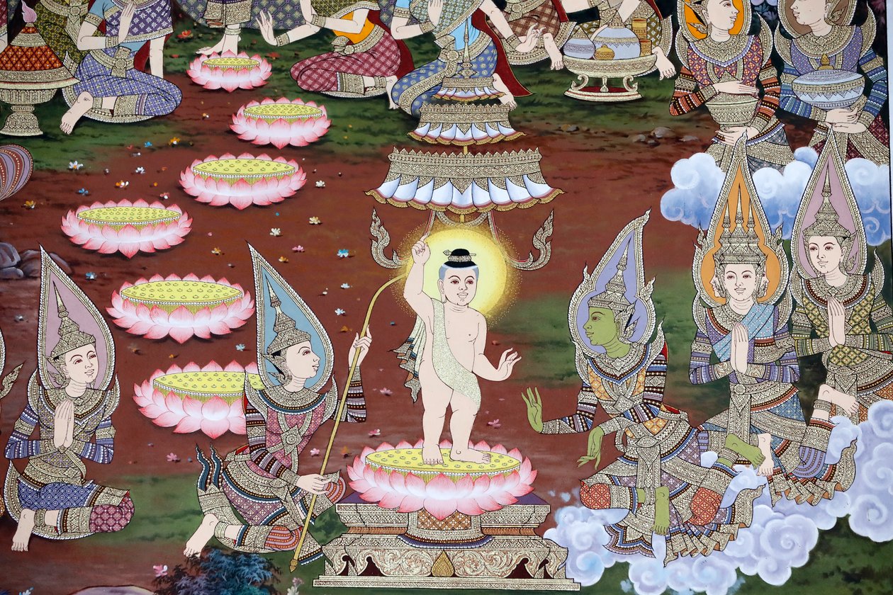 Narození dítěte Siddhartha, nástěnná freska, klášter Wat Maniratanaram, Phnom Penh, 2022 (foto) od Unbekannter Künstler