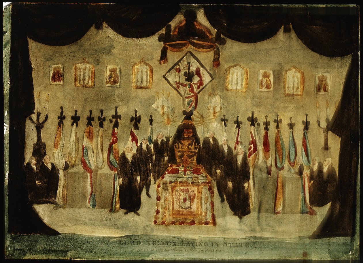 Tělo Horatia Nelsona (1758-1805) odpočívá v malovaném sále bývalé Královské námořní školy v Greenwichi během pohřbu třetího dne, černé prostěradlo, které zakrývá rakev, je odstraněno a po obou stranách stojí černě odění strážní. od Unbekannter Künstler