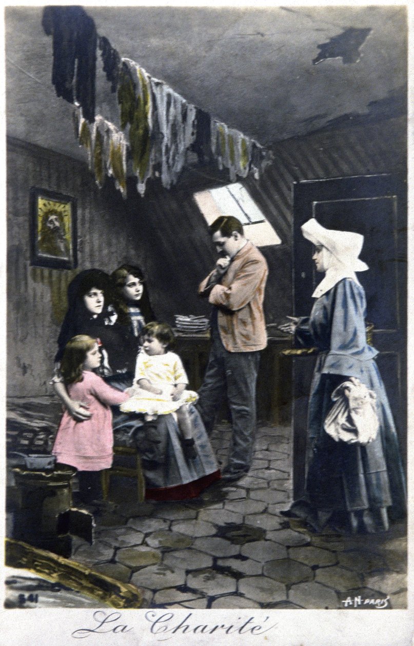 Charita : jeptiška navštěvující chudé lidi, asi 1910 (pohlednice) od Unbekannter Künstler