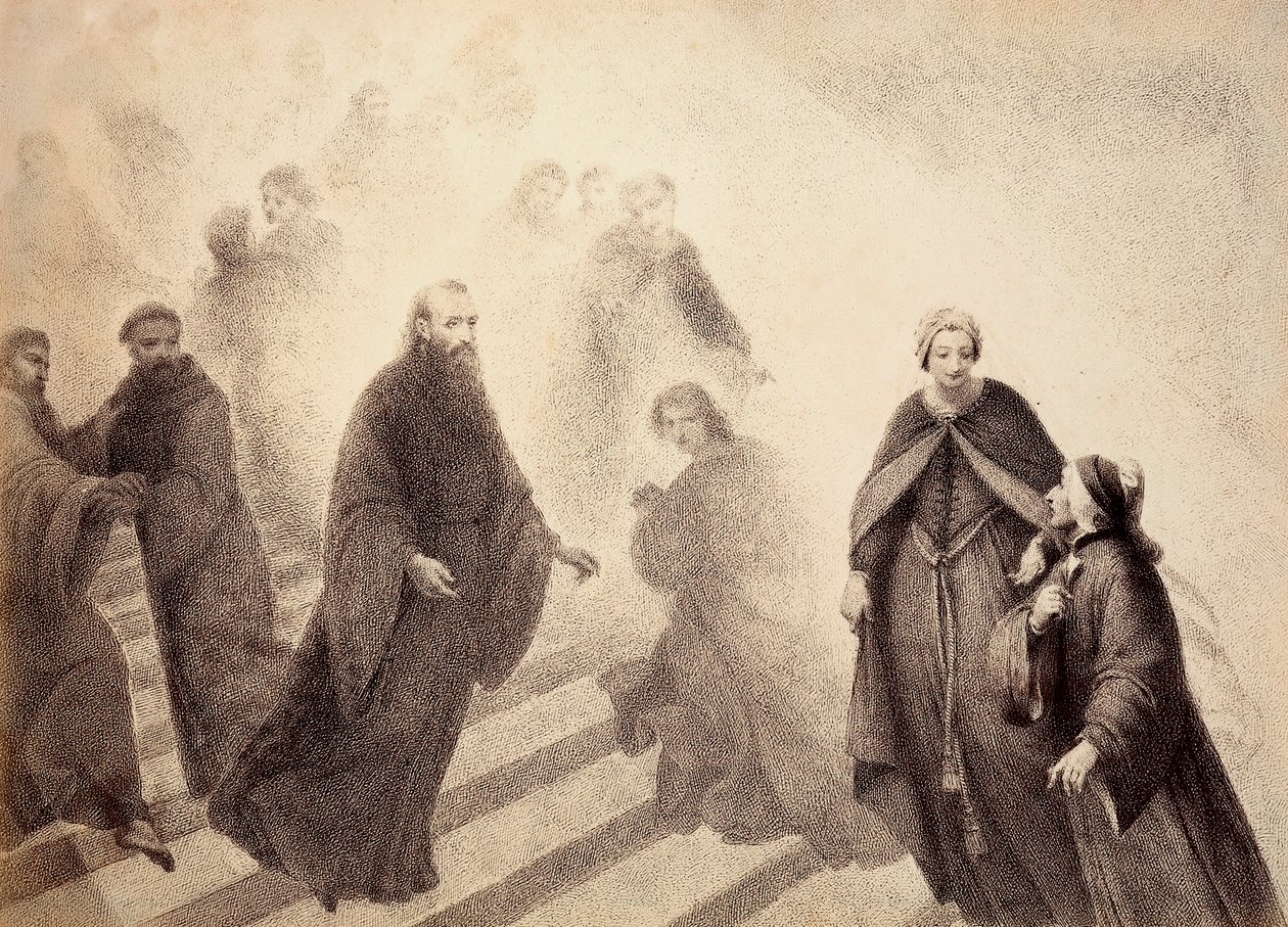 Kontemplativní duch Petra Damiána sestupuje ze zlatého žebříku a blíží se k Dantovi. Ilustrace k XVI. kánonu v Paradisu Božské komedie od Dante Alighieriho. Dílo Francesca Scaramuzzy věnované florentskému magistrátu. od Unbekannter Künstler
