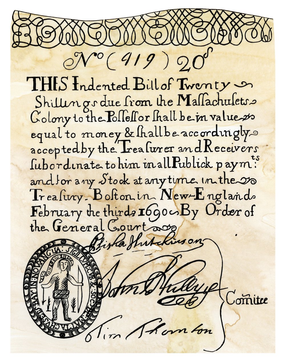 První americká papírová bankovka v hodnotě 20 šilinků, kterou vydal Generální soud bostonské kolonie (Massachusett, USA) v roce 1690. Rytecké barvy 19. století. od Unbekannter Künstler