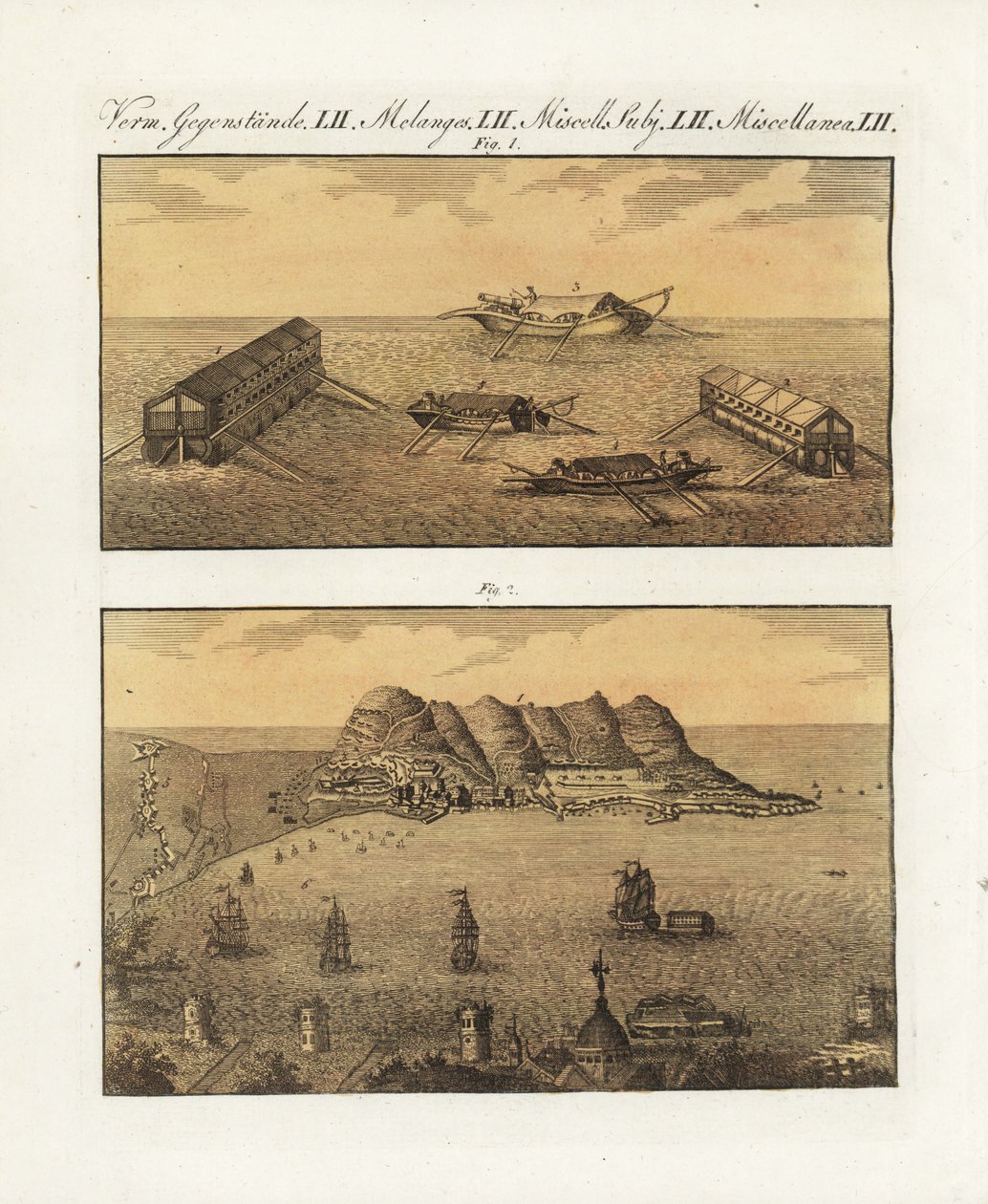 Plovoucí baterie britské armády v Gibraltaru v roce 1782. Dvoupatrová bárka s 210 děly a další jednopatrová bárka navržená francouzským inženýrem Arconem k bombardování města. Plovoucí baterie britského námořnictva v Gibraltaru od Unbekannter Künstler