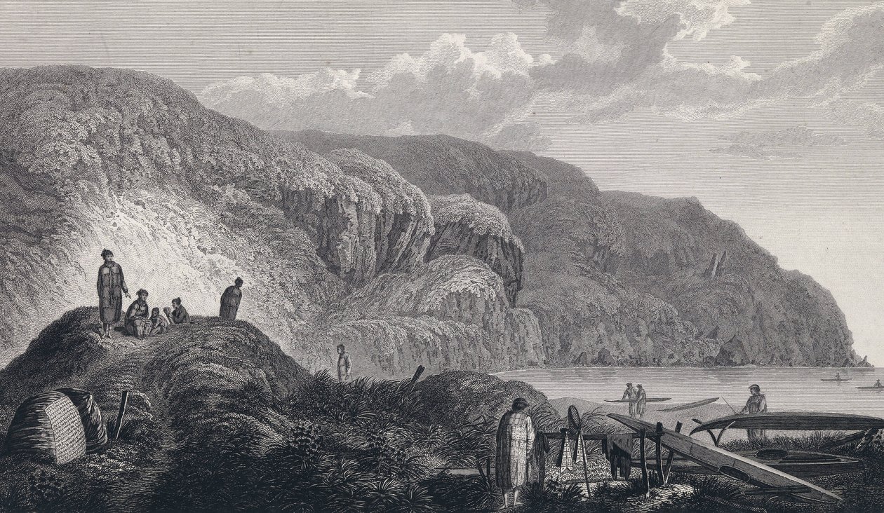 Obyvatelé Oonalashky (nebo Unalaska, Aljaška, Spojené státy) a jejich domovy. Rytina z konce 18. století, podle Johna Webbera (1751-1793). od Unbekannter Künstler