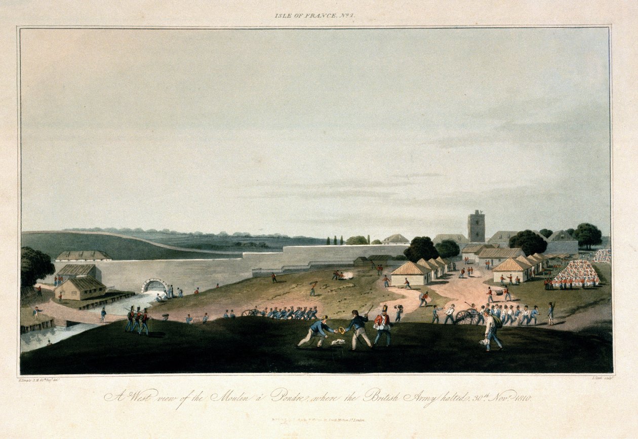 Île de France (Mauricius), západní pohled na mlýn v Pondre, kde 30. listopadu 1810 zůstala umístěna britská armáda. Barevný lept od Unbekannter Künstler