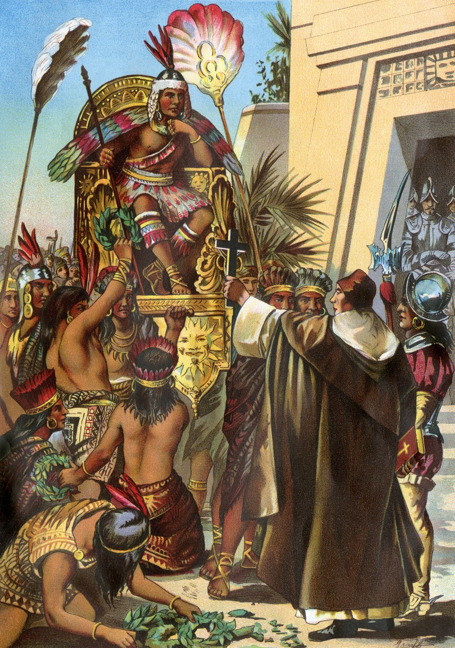 Otec misionář Vicente de Valverde se v roce 1532 obrátil na krále Inků Atahualpu. od Unbekannter Künstler