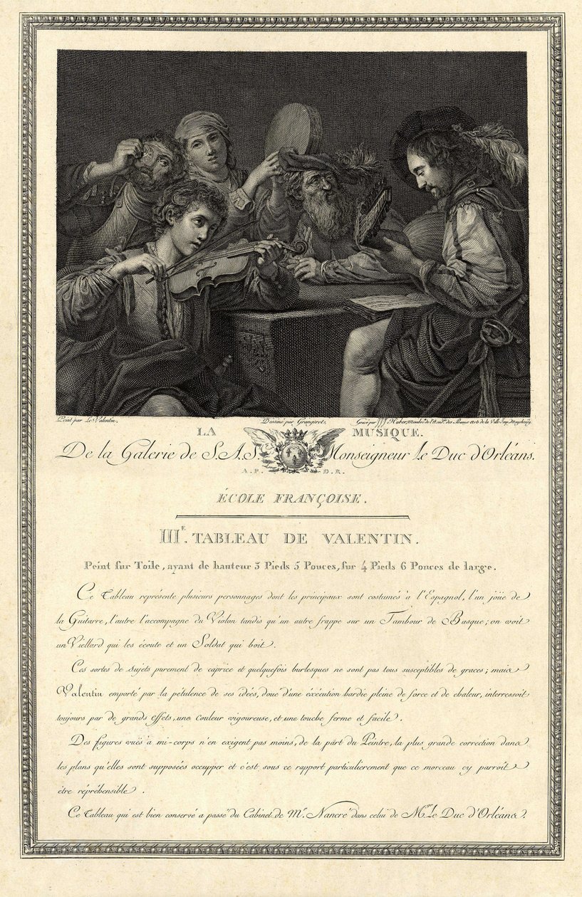Hudba. Rytina galerie Jeho Excelence vévody orleánského podle obrazu malíře Le Valentina. od Unbekannter Künstler