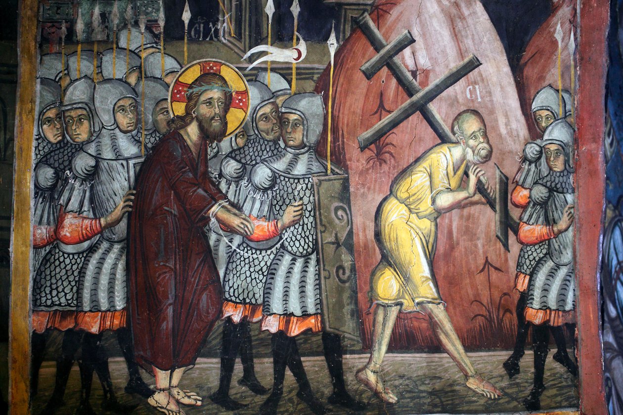 Umučení Krista Simon nese kříž Byzantská freska z kláštera Agios Ioannis Lampadistis, Saint John Lampadistis Kypr 11. století Malované kostely UNESCO Troodos, Kypr od Unbekannt