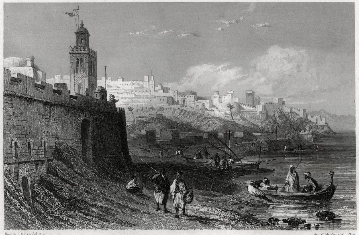 Malebný přístav opevněného města Tanger v 19. století, v knize o Středomoří od Louise Enaulta (1824-1900), francouzského novináře a cestovatele. Louis Enault, LA MEDITERRANEE SES ILES ET SES BORDS, Morizot od Unbekannt