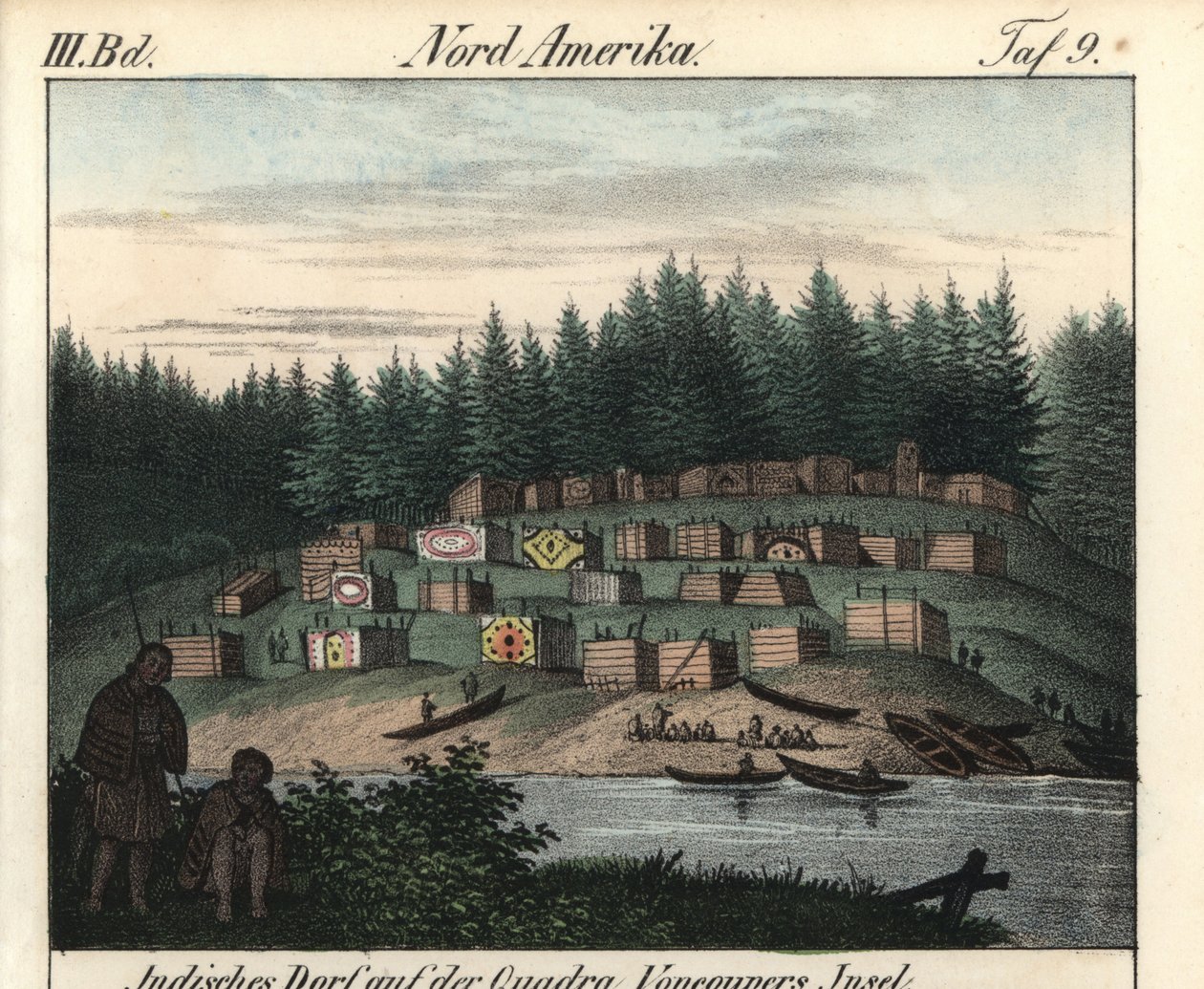 Vesnice dřevěných domů malovaných indiány na ostrově Vancouver v Kanadě. Litografie pro knihu: "Friedrich Wilhelm Goedsche (1785-1863), vydání Míšeň (Německo). od Unbekannter Künstler