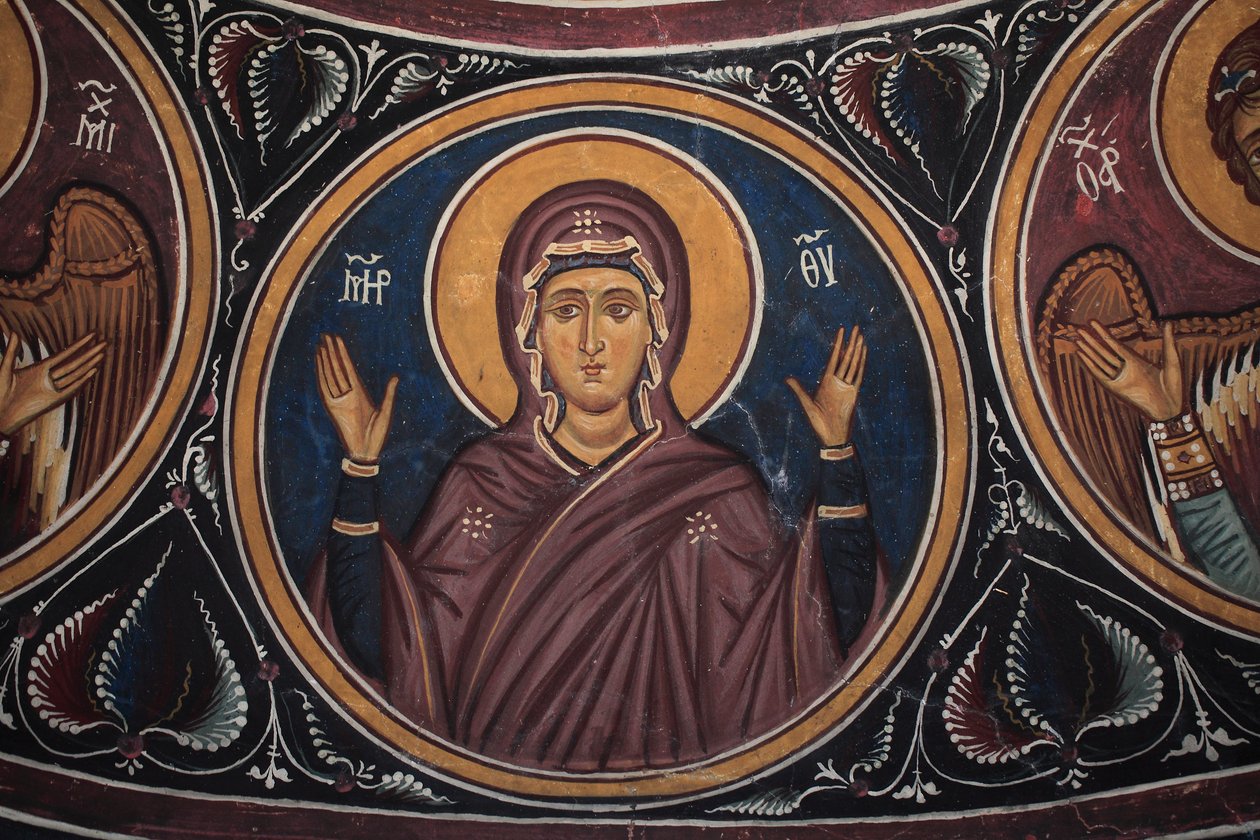 Medailon Panny Marie kolem Krista a posledního soudu Detail byzantské fresky z narthexské klenby kostela Asinou Scéna posledního soudu 14. století (1332) UNESCO, světové kulturní dědictví region Troodos, Kypr od William M. Timlin