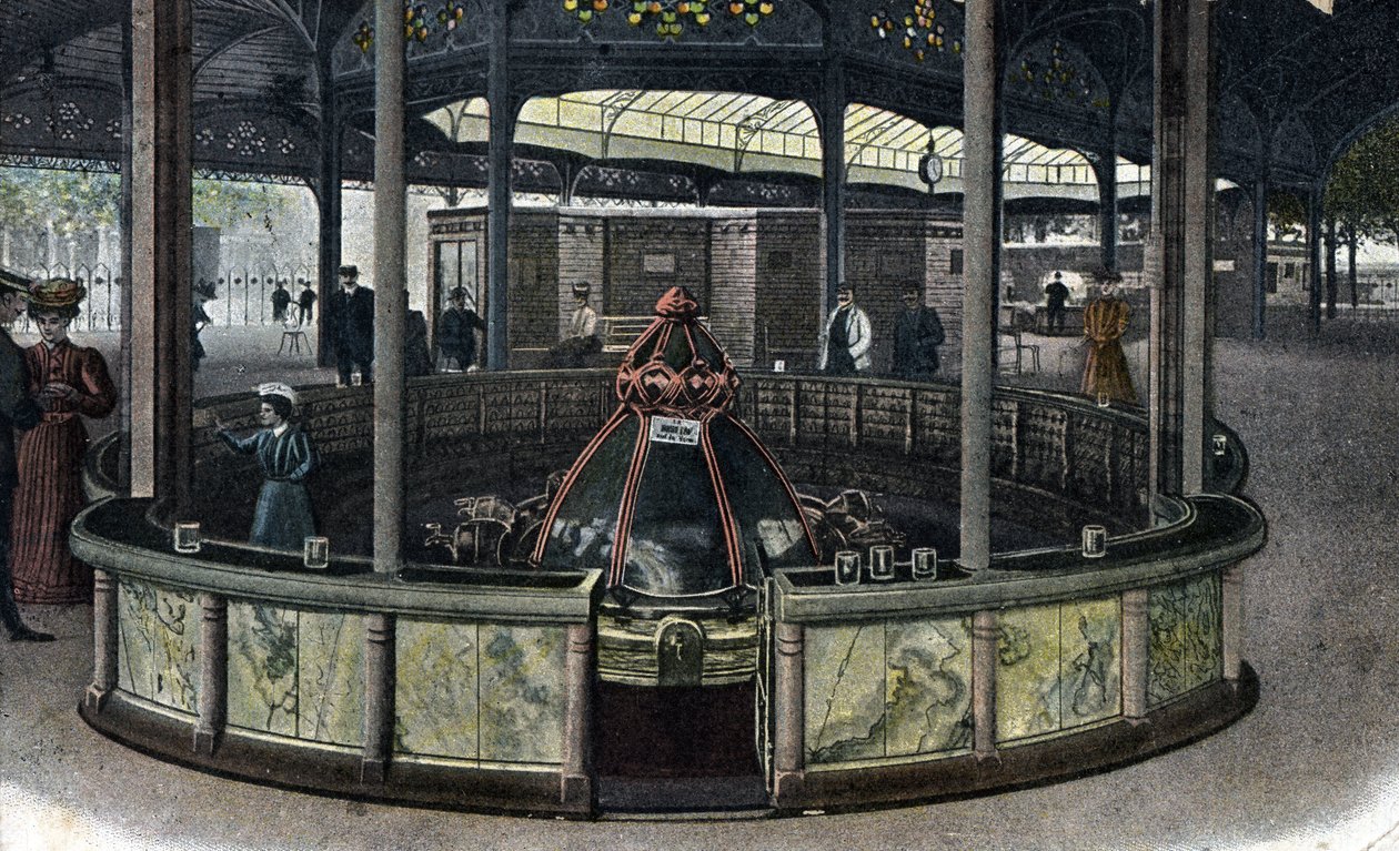 Termální turistika: la source de la sainte Grille a Vichy, Allier 1905 ca. (lázeňská turistika: pramen Sainte-Grille ve Vichy, Francie) od Unbekannter Künstler