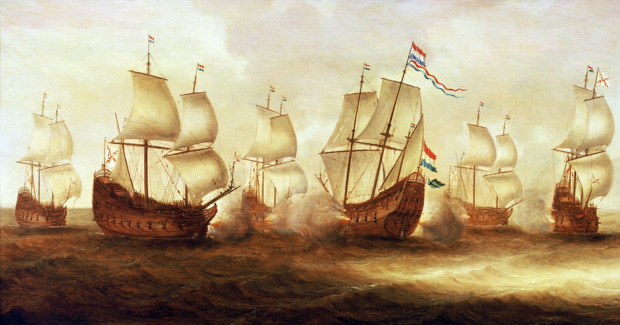 Třicetiletá válka (1618-1648): Akce admirála Witte de With (1599-1658) s loděmi Dunkirk u Nieuwpoortu (Holandsko) v roce 1641. od Unbekannter Künstler