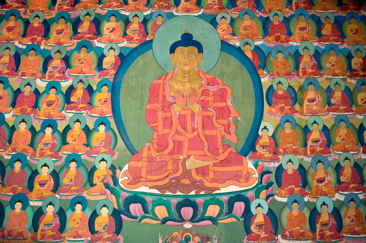 tibetský buddhismus; malba na zdi; meditující Buddha; mnoho malých Buddhů; klášter Chemre Gompa; Chemrey; oblast Ladakh; Džammú a Kašmír; Indie; Jížní Asie; Asie od Unbekannt