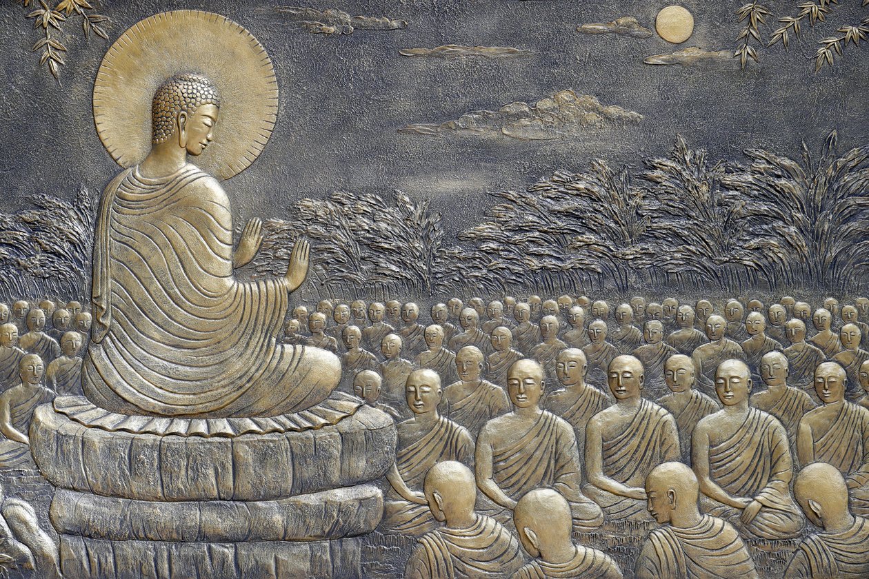 Buddhistický chrám Tinh Xa Ngoc Chau, Život Buddhy, Siddhártha Gautama, Buddha s žáky, učení, Buddha nabádal svých prvních šedesát arahantských učedníků, aby se vydali různými směry kázat Nauku,   Chau Doc, Vietnam, 2018 (pho od Unbekannt