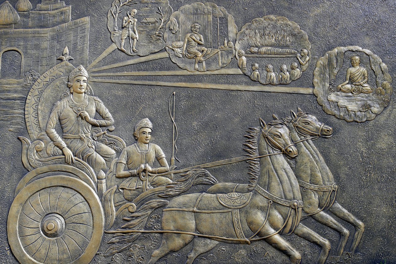 Buddhistický chrám Tinh Xa Ngoc Chau, Život Buddhy, Siddhartha Gautama, princ Siddhartha požádal vozataje, aby ho vzal na sérii projížděk krajinou, Chau Doc, Vietnam, 2018 (foto) od Unbekannt