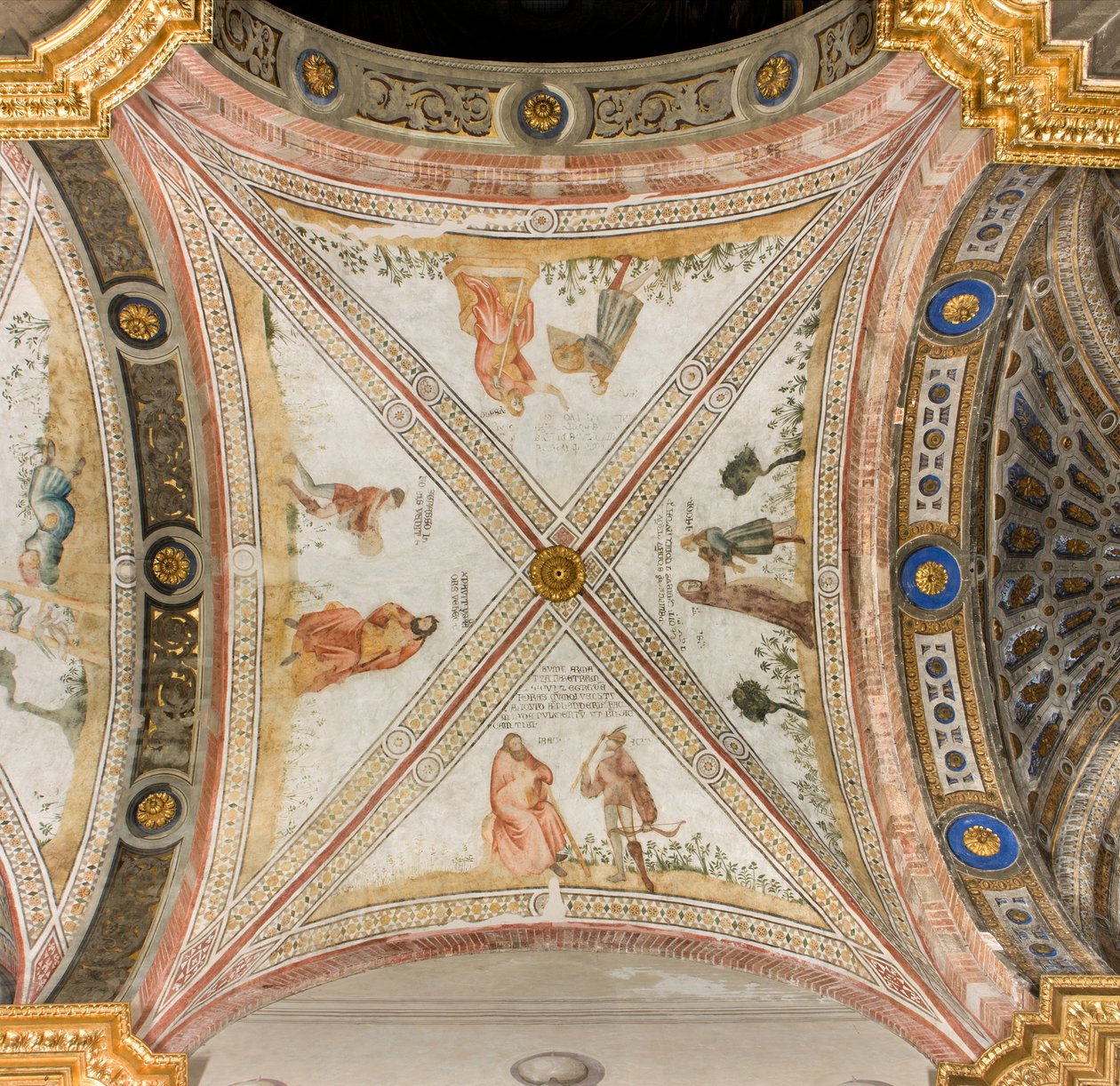 Transept na jih, třetí západní úsek, Isaac žádá Exhaù, aby mu přinesla hru, Rebecca obléká Jacoba do šatů Exhaù, Jacob mylně označený za Exhaù dává jídlo Izákovi, Esaac se vrací se zvěří, Katedrála Santa Maria Assunta, Duomo, Cremona, Lombardie, Itálie ( p od Unbekannt