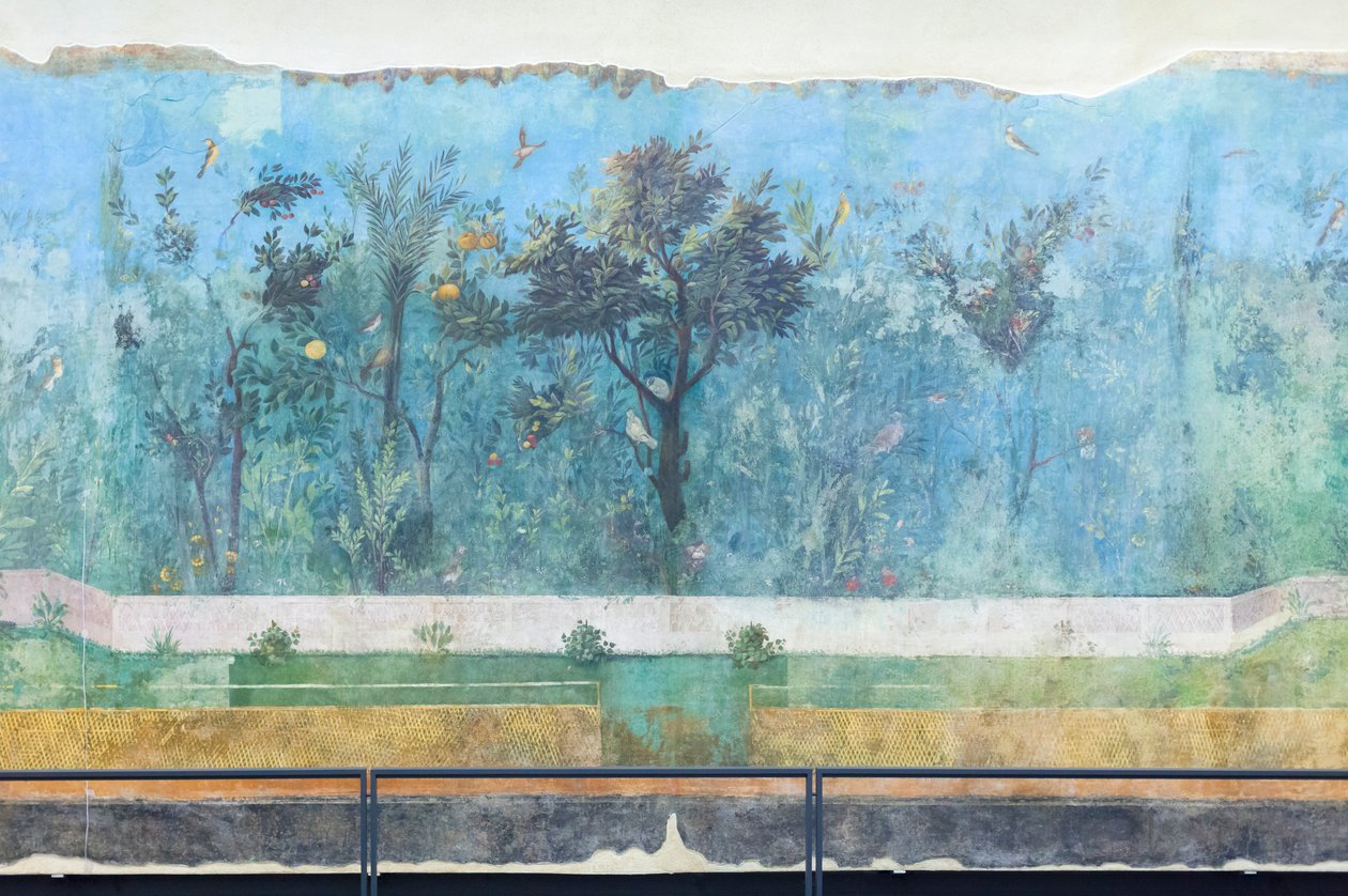 Triklinium domu Livia, freska, 20 - 10 př.nl, Národní muzeum Říma (museo nazionale romano), Řím, Itálie od Unbekannter Künstler