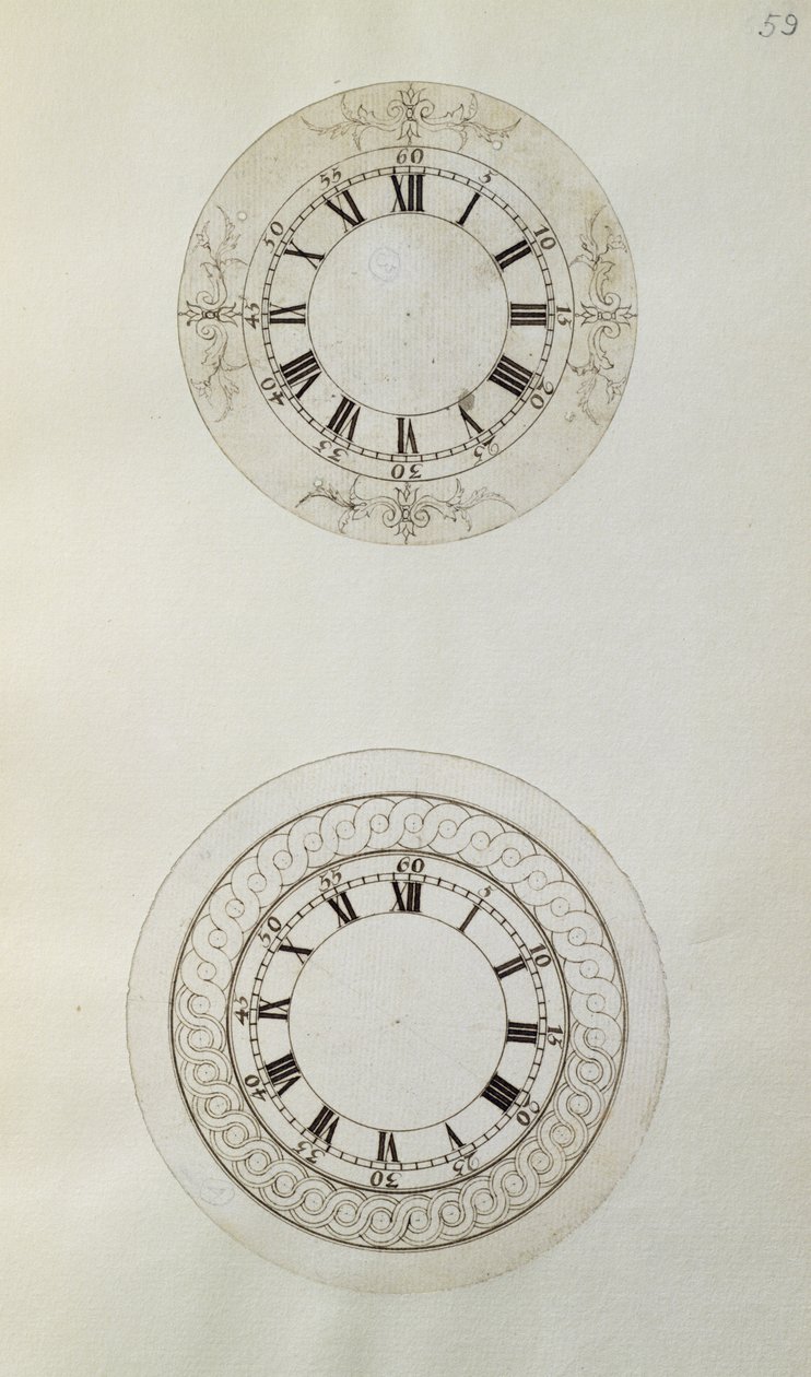 Dva návrhy velkých smaltovaných ciferníků hodinek, z mechanických poznámek a kreseb sestavených Johnem Harrisonem (1693-1776) a jeho synem Williamem (asi 1726-72) (pero a inkoust na papíře) od Unbekannt