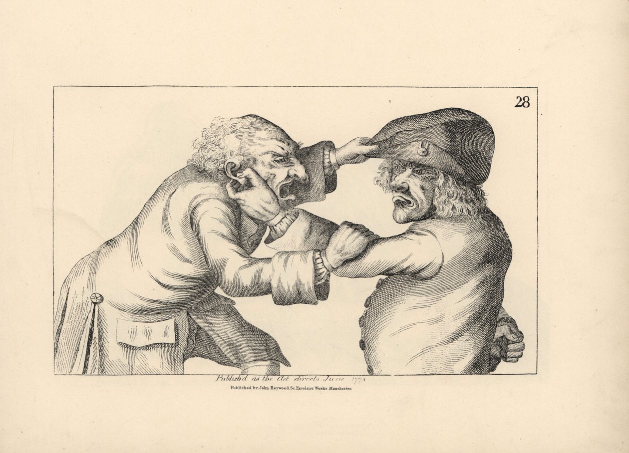 Hádka dvou venkovanů Hala a Dicka kvůli pomluvě o nevěře Halovy ženy Doll. Mědirytina podle satirické ilustrace Timothyho Bobbina (Johna Colliera) (1708-1786) z knihy Human Passions Delineated, John Haywood, Manchester od Unbekannter Künstler
