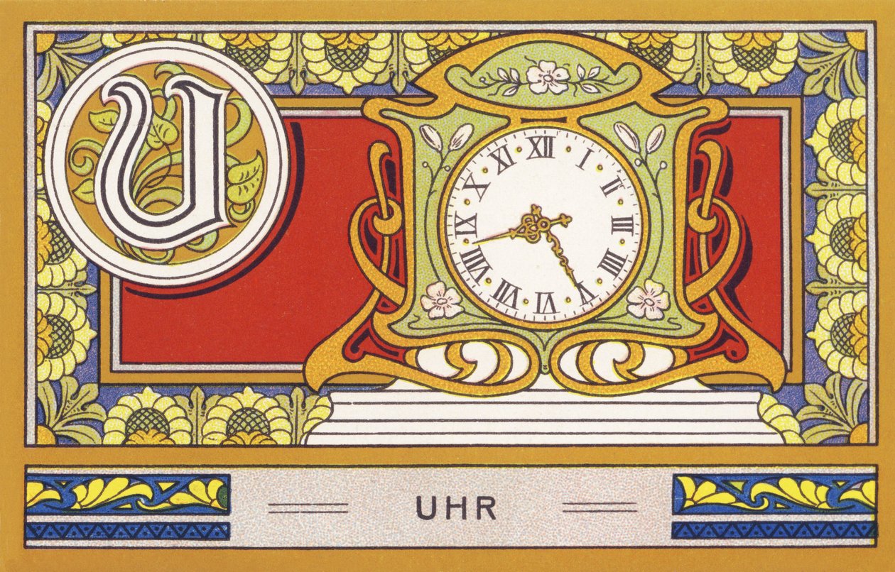 U: Hodiny - Abeceda Palmine. Řada chromolitografií vydaná H. Schlinck & Cie, Hamburg, s. d. . Reklama na nejlepší kokosový tuk Palmin. Rozměry: 7 x 11 cm od Unbekannter Künstler
