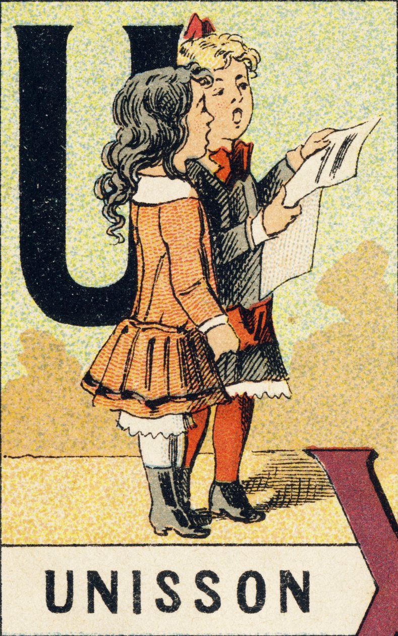 U: Unison - Rytina převzatá z ABCD malých dívek. Pellerin & Cie, tiskárna-nakladatel, Epinal, kolem roku 1890. Serie A. Rozměry: 19 x 13,5 cm. od Unbekannt