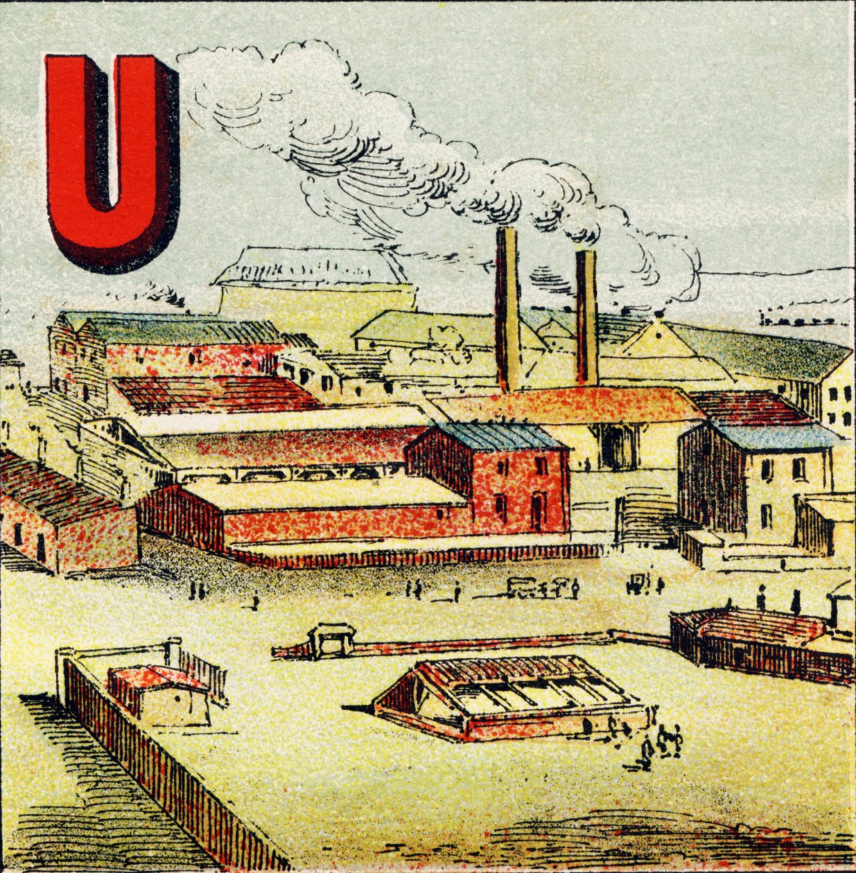 U: Továrna. Továrna je obrovská továrna, kde se nachází velké množství strojů; jako v gigantické továrně Le Creusot - Rytina extrahovaná z Geographical Alphabet. Guerin-Muller et Cie, nakladatelství, Paříž od Unbekannt