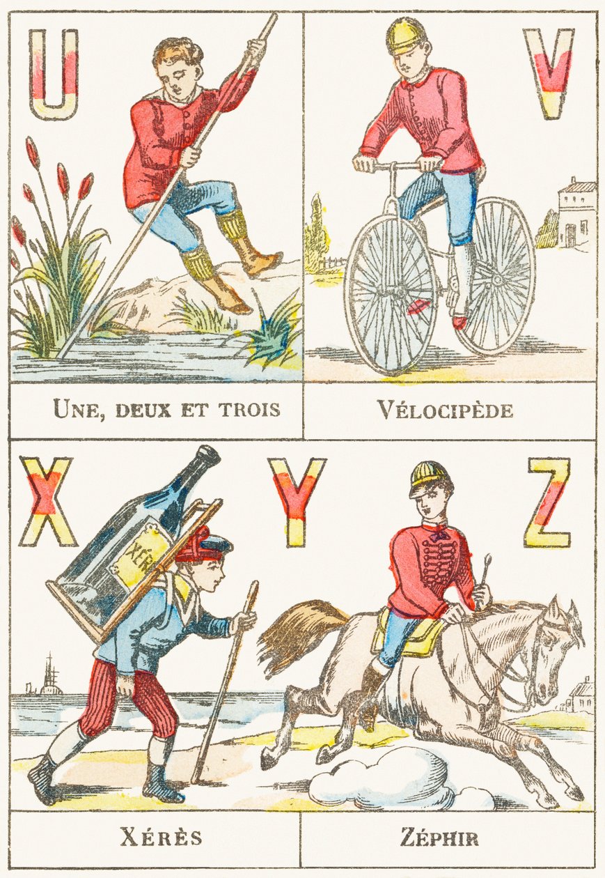 U V X Y Z; U: Jedna, dvě a tři; V: Velociped; X: sherry; Z: Zephir - Games Alphabet, c.1890 (rytina) od Unbekannt