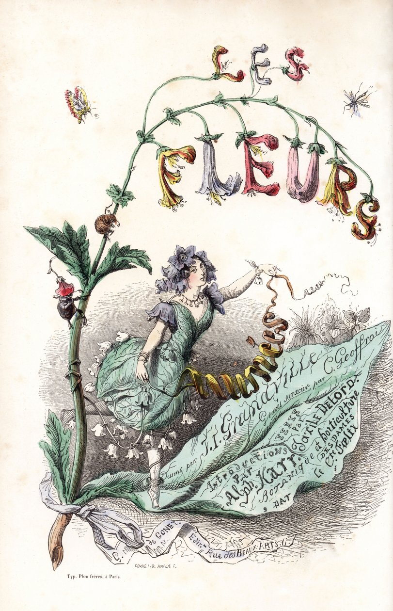 Une fee des fleurs setient sur une feuille et holds un ruban (titulní list) - lept Charles Geoffroy (1819-1882), podle ilustrace Jeana Ignace Isidora Gerarda dit J.J.J.Granville (1803-1847), pro Les fleurs animees od Unbekannter Künstler