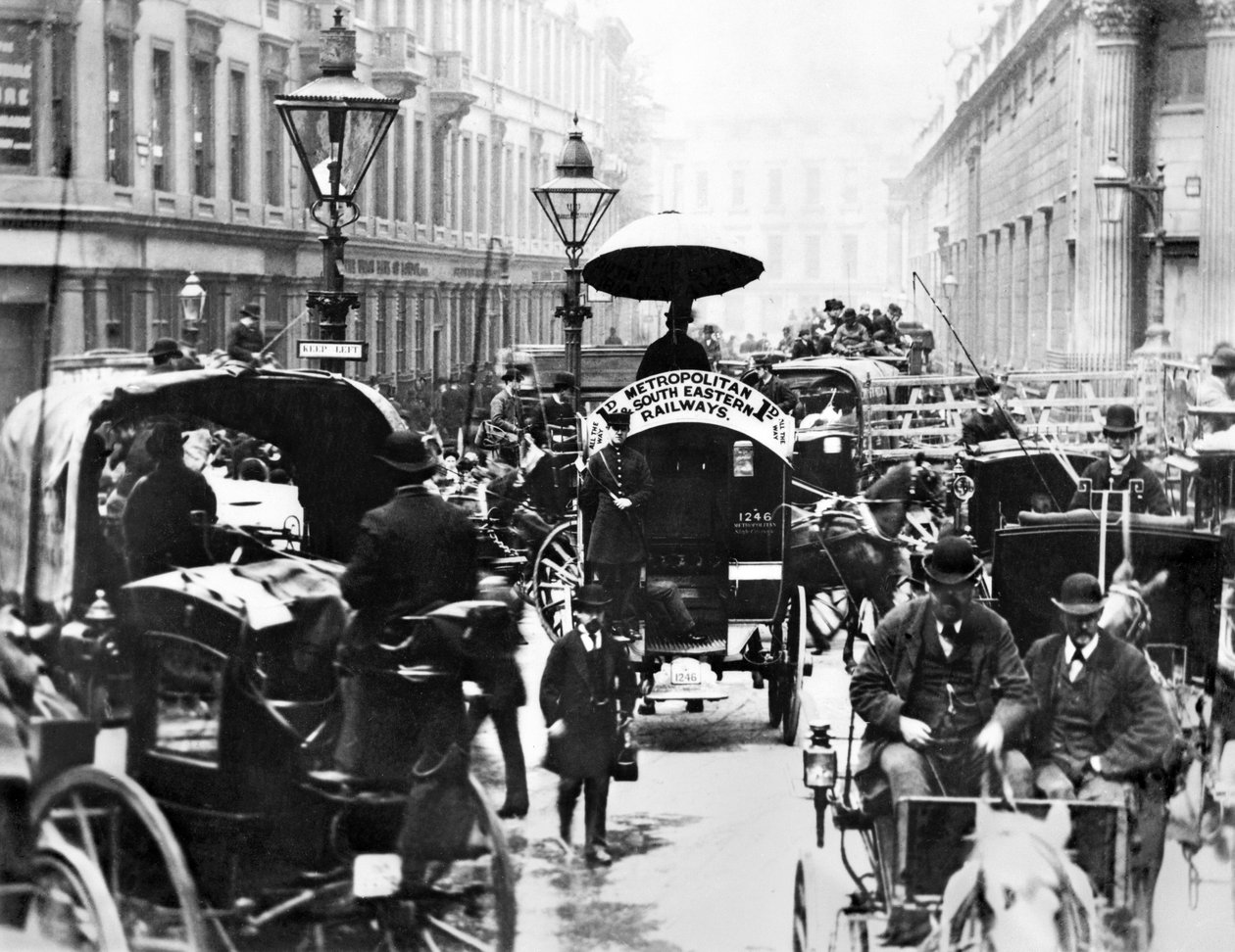 Spojené království: Rušná scéna v bance ukazuje autobus metropolitní a jihovýchodní železnice. Londýn, c1878 od Unbekannt