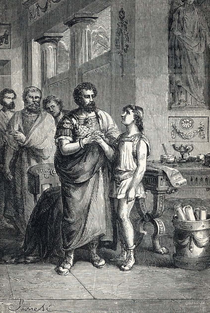 Valentinian II uznal římského císaře Gratianem (375). 1888 (rytina) od Unbekannter Künstler