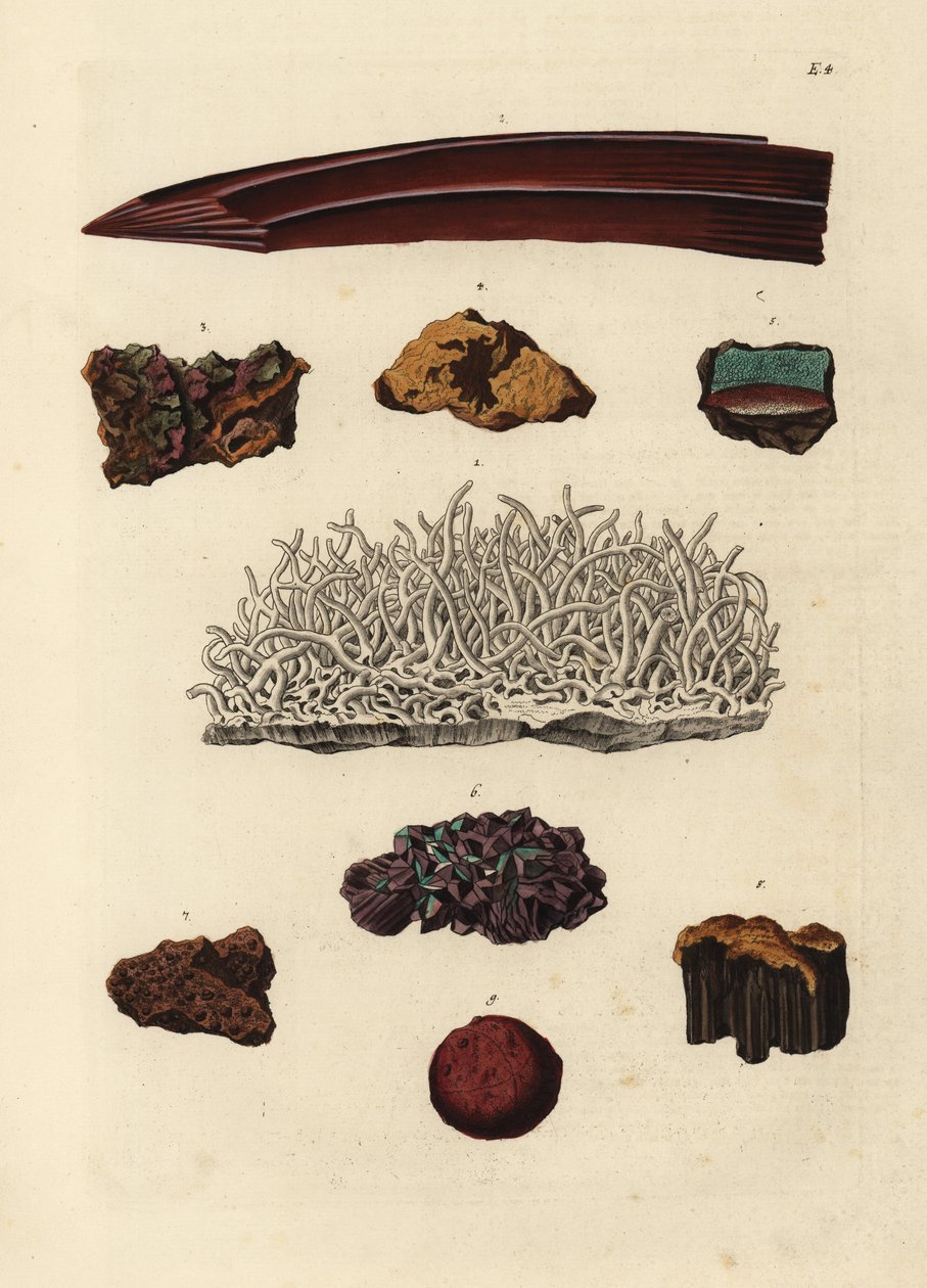 Odrůdy železné rudy. Ručně kolorovaná mědirytina podle ilustrace z knihy Georga Wolfganga Knorra Deliciae Naturae Selectae of Kabinet van Zeldzaamheden der Natuur, Blusse and Son, Norimberk. od Unbekannter Künstler