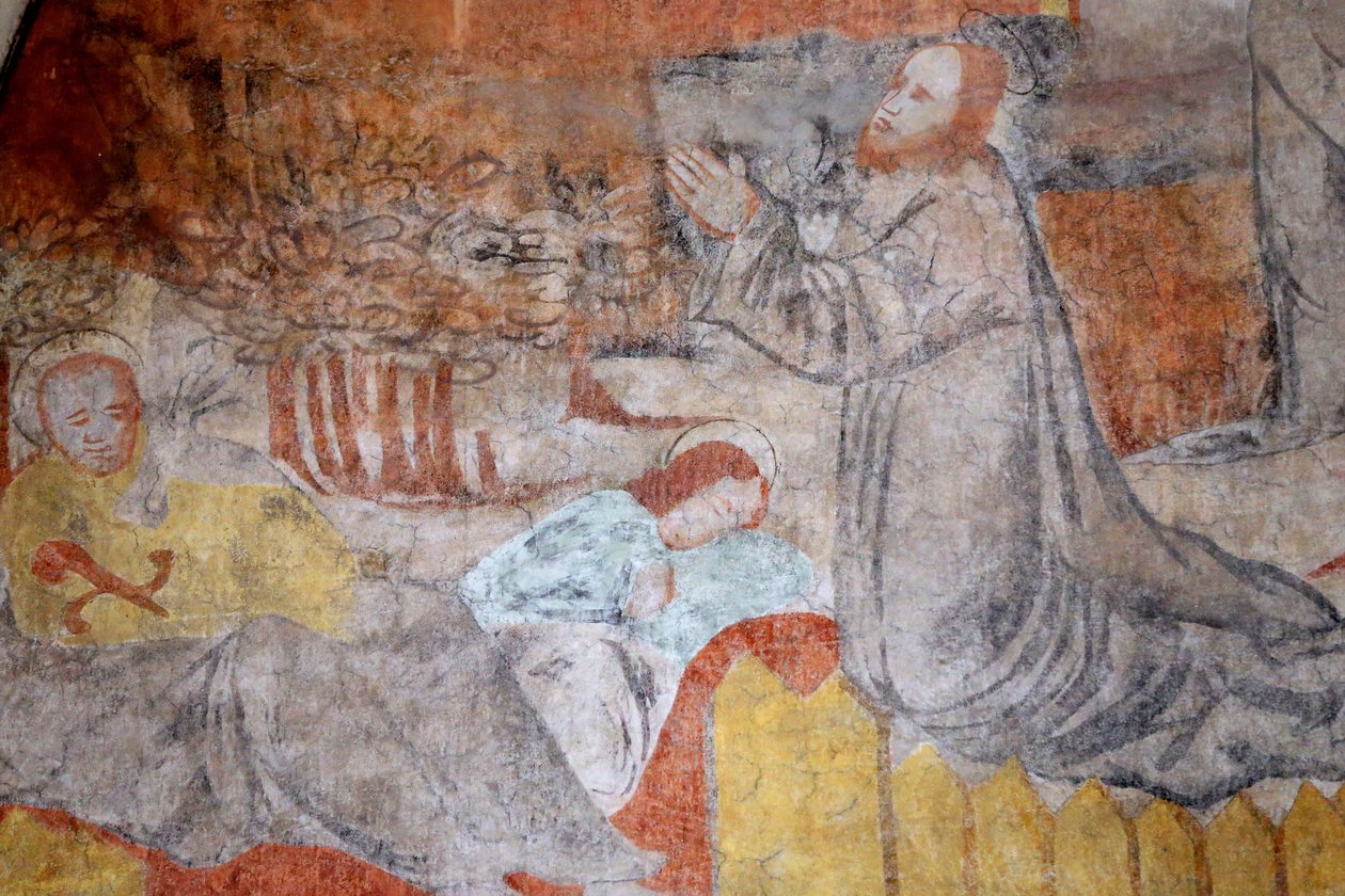 Kostel Vault de Lugny. Nástěnná malba 16. století. Kristus ve svém utrpení. Getsemane, modlí se Ježíš, mezitím učedníci odpočívají. Francie Â od Unbekannt