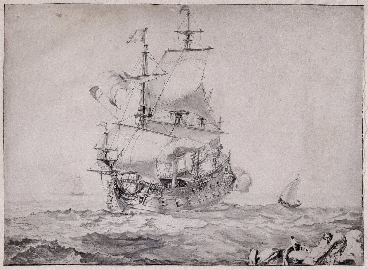 Plavidla na moři střílející z děla - kresba Pierre Puget (1620-1694) 17. století Ne 23x32,5 cm Musee Grobet Labadie Marseille od Unbekannter Künstler