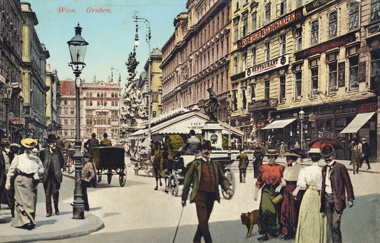 Vídeň, Graben -známá ulice v centru města s procházejícími se lidmi (pohlednice) od Unbekannter Künstler