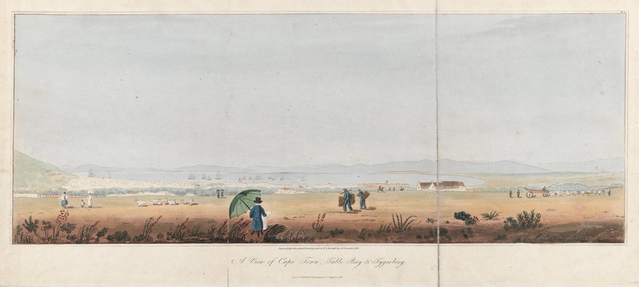 Pohled na Kapské Město, Stolový záliv a kopce Tygerberg (Jihoafrická republika). Litografie (26,5x53,5 cm), J.W. Burchell od Unbekannter Künstler