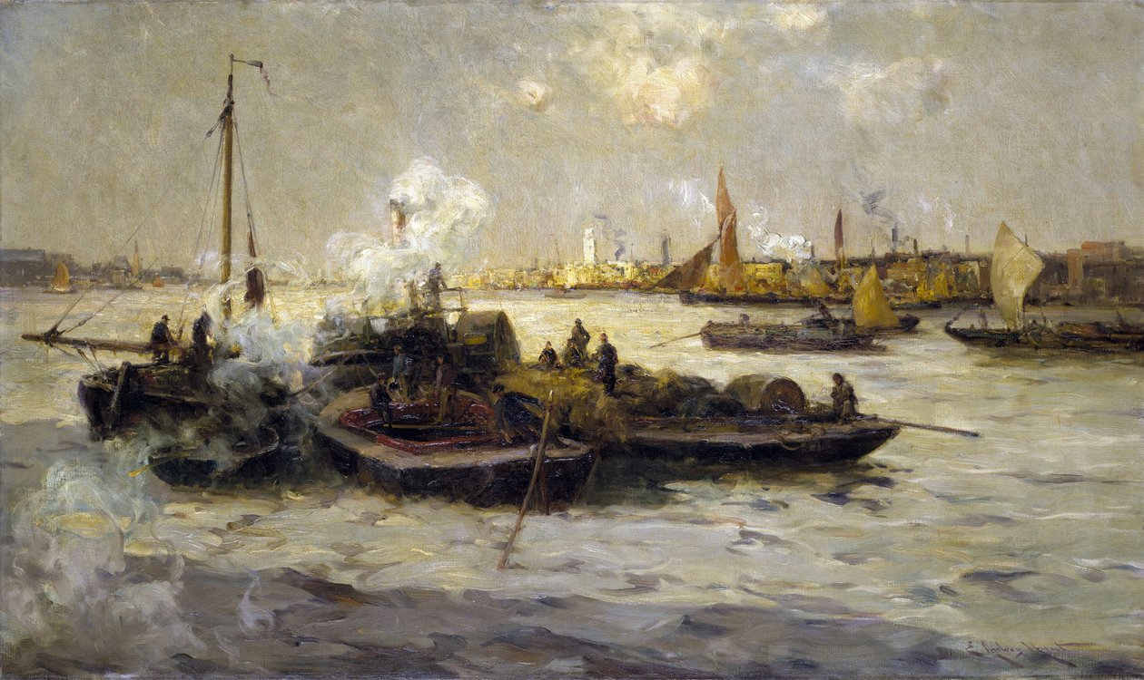 Pohled na Limehouse, Anglie, s popisem industrializace Temže na konci viktoriánské éry (konec 19. století) a vlečných lodí, kutrů a bárek, v pozadí Bílá věž svatého Jiří. od Unbekannter Künstler