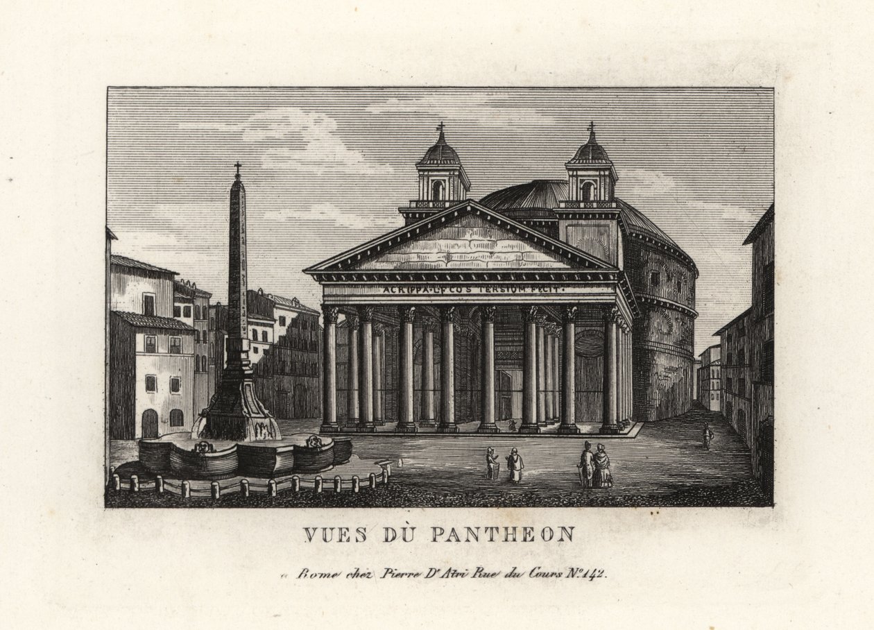 Pohled na Pantheon s fontánou, Fontana del Pantheon a obelisk Macuteo na náměstí Piazza della Rotonda, Řím od Unbekannt