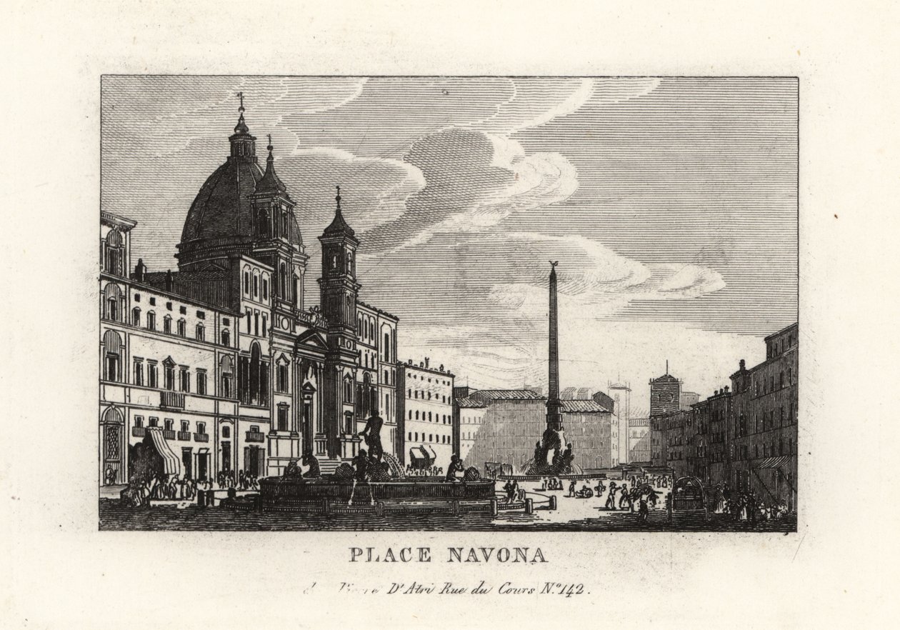 Pohled na náměstí Piazza Navona, s fontánou, egyptským obeliskem a kostelem Sant