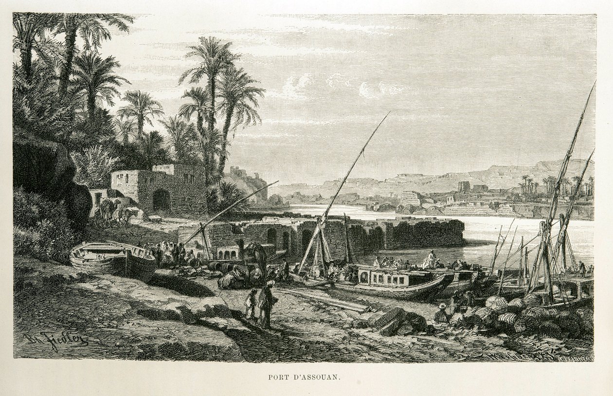 Pohled na přístav Asuán v Egyptě - ilustrace z Atlasu Egypta od Unknown
