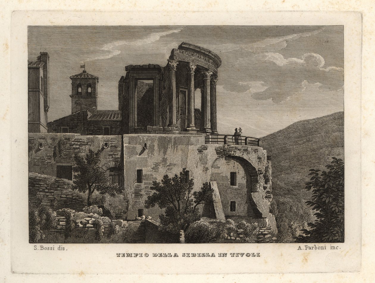 Pohled na chrám Sybil v Tivoli, Tempio della Sibilla v Tivoli od Unbekannt