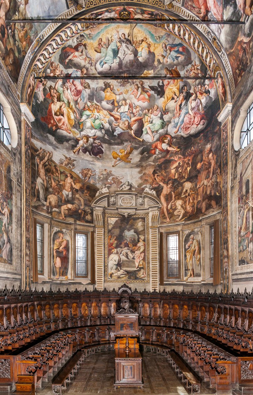 View of the apse with frescoes by Camillo Procaccini and wooden choir by Cristoforo e Giuseppe De Venetiis, Basilica of San Prospero, Reggio Emilia, Emilia Romagna, Italy (photo)   1410789   cs       czech Successfully Translated  Original: Fitzroy Square  od Unbekannter Künstler