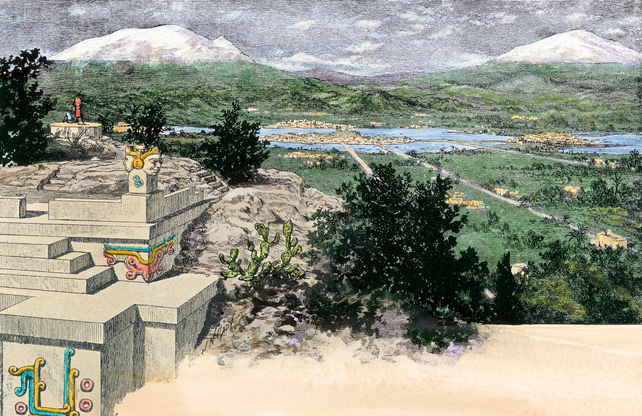 Pohled na město Tenochtitlan (nebo Mexiko Tenochtitlan), jak se nacházelo na ostrově na jezeře Texoco, když bylo hlavním městem Aztécké říše, před rokem 1521 - kolorovaná rytina od Unbekannter Künstler