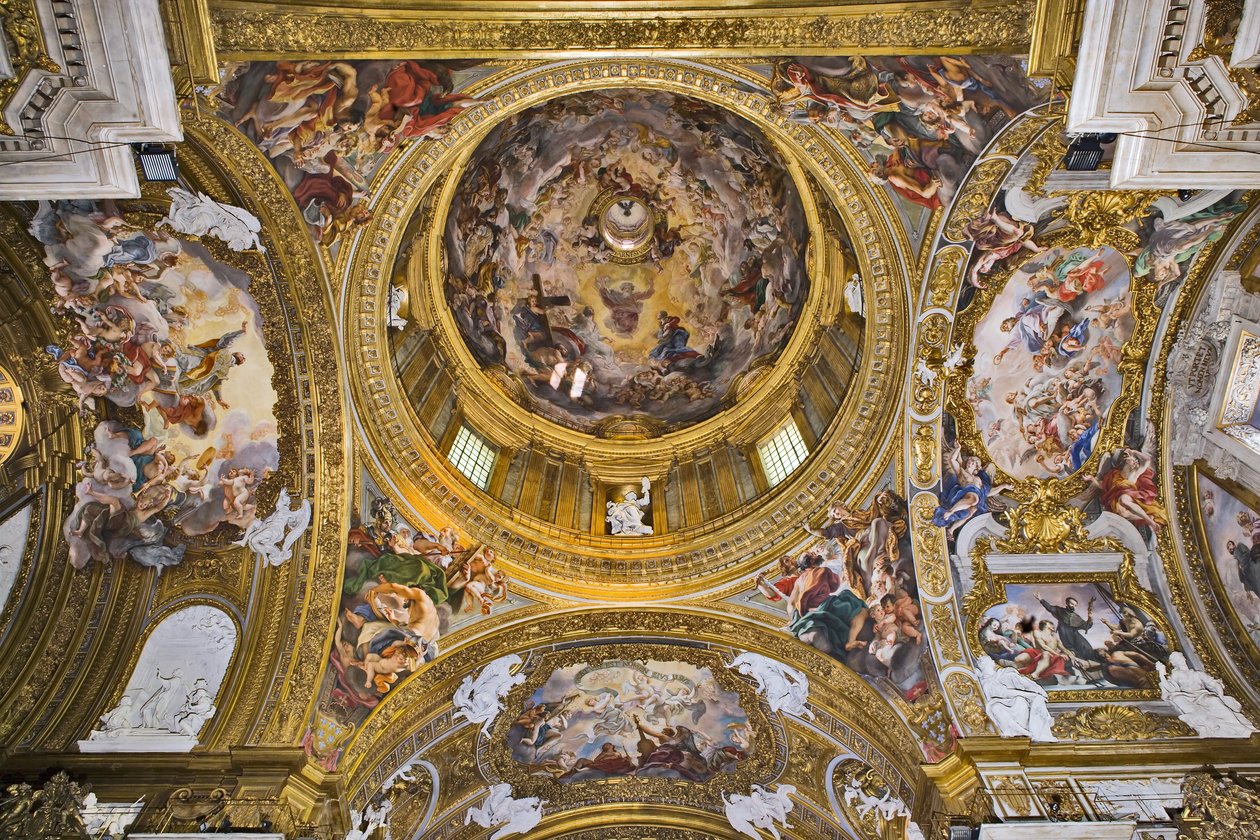Pohled na kupoli, pendentives, chyby transpetu a předsíň s freskami Baciccia, kostel Gesù, Řím, Itálie (foto) od Unbekannter Künstler