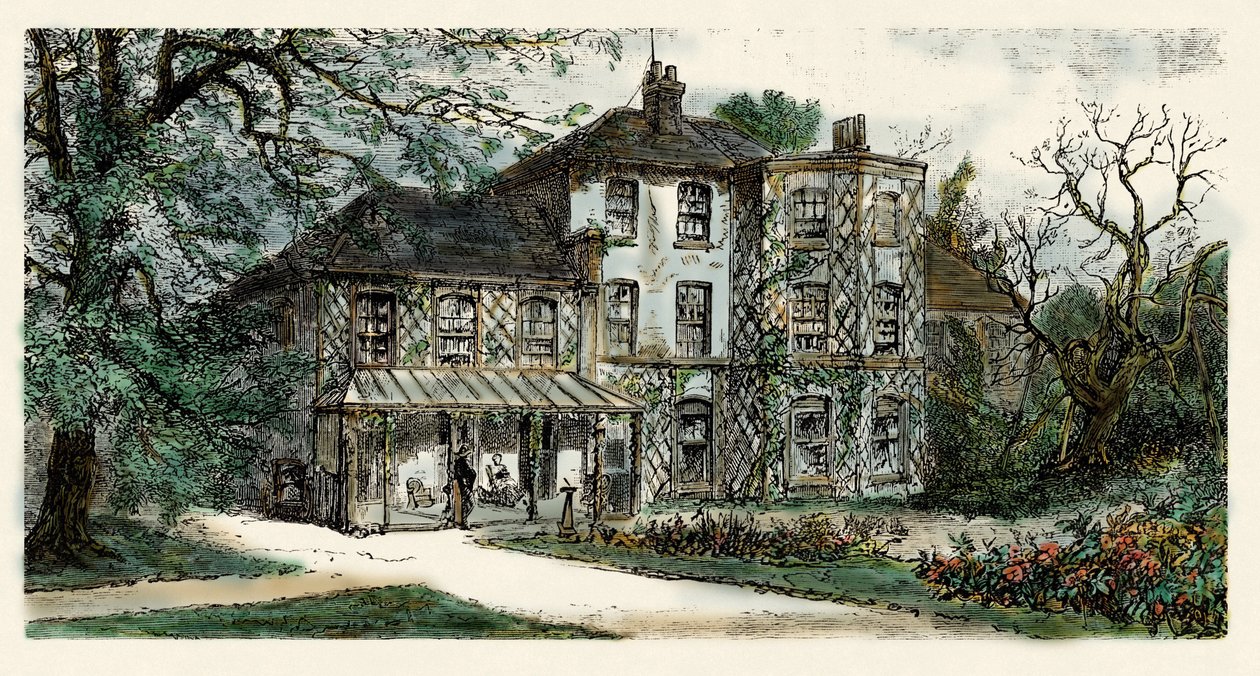 Pohled na dům nebo Charles Darwin (1809-1882) redigea "Původ druhů". Rytina z 19. století od Unbekannter Künstler