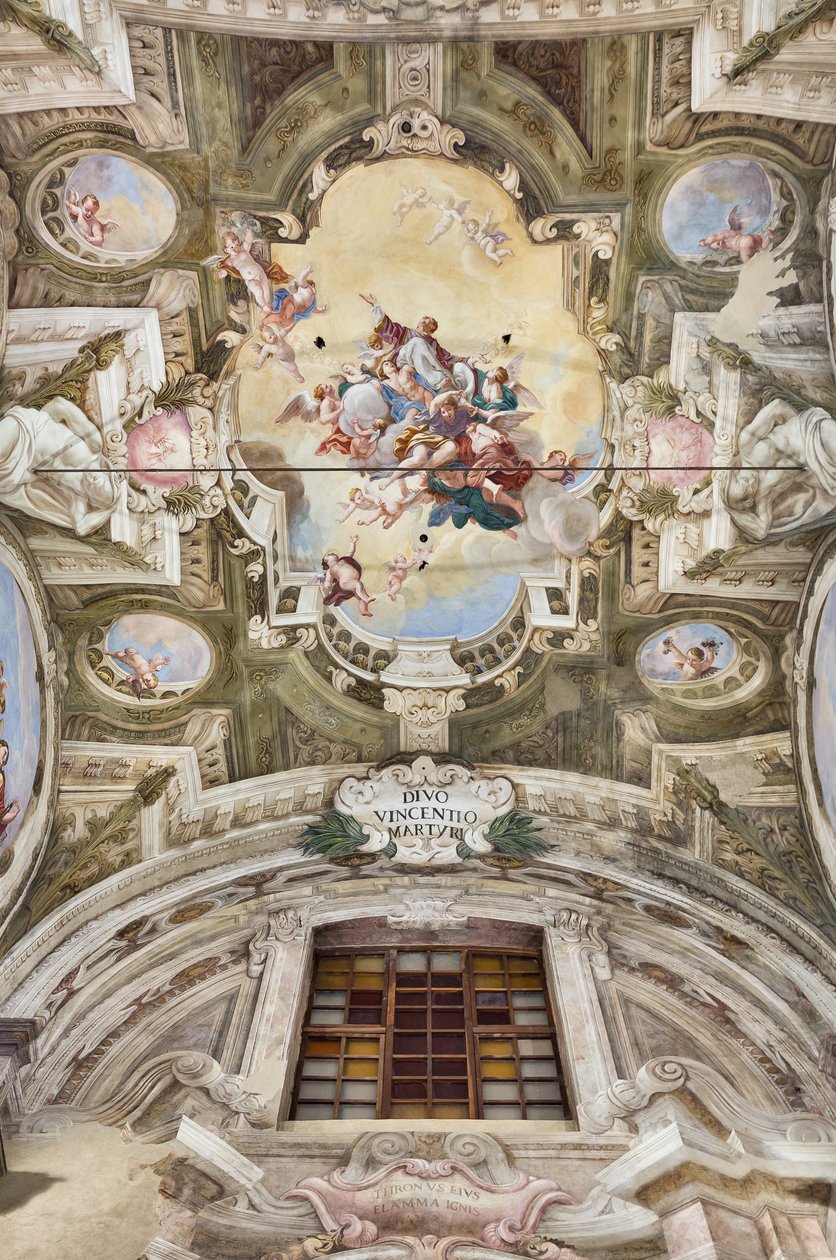 Pohled na klenbu s freskami Teatini Room, Chiesa di San Vincenzo, Piacenza, Emilia-Romagna, Itálie (foto) od Unbekannter Künstler