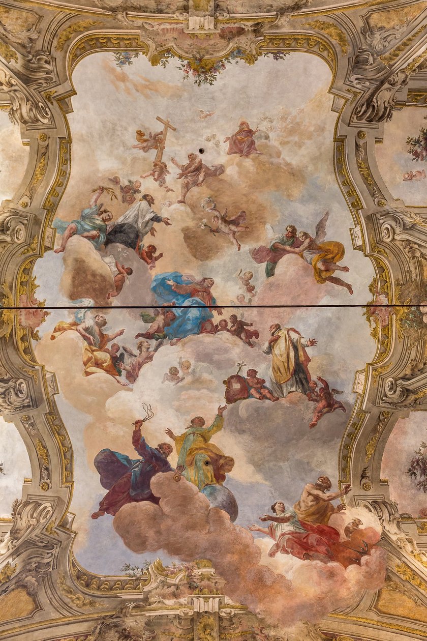 Pohled na klenbu s freskami Teatini Room, Chiesa di San Vincenzo, Piacenza, Emilia-Romagna, Itálie (foto) od Unbekannter Künstler