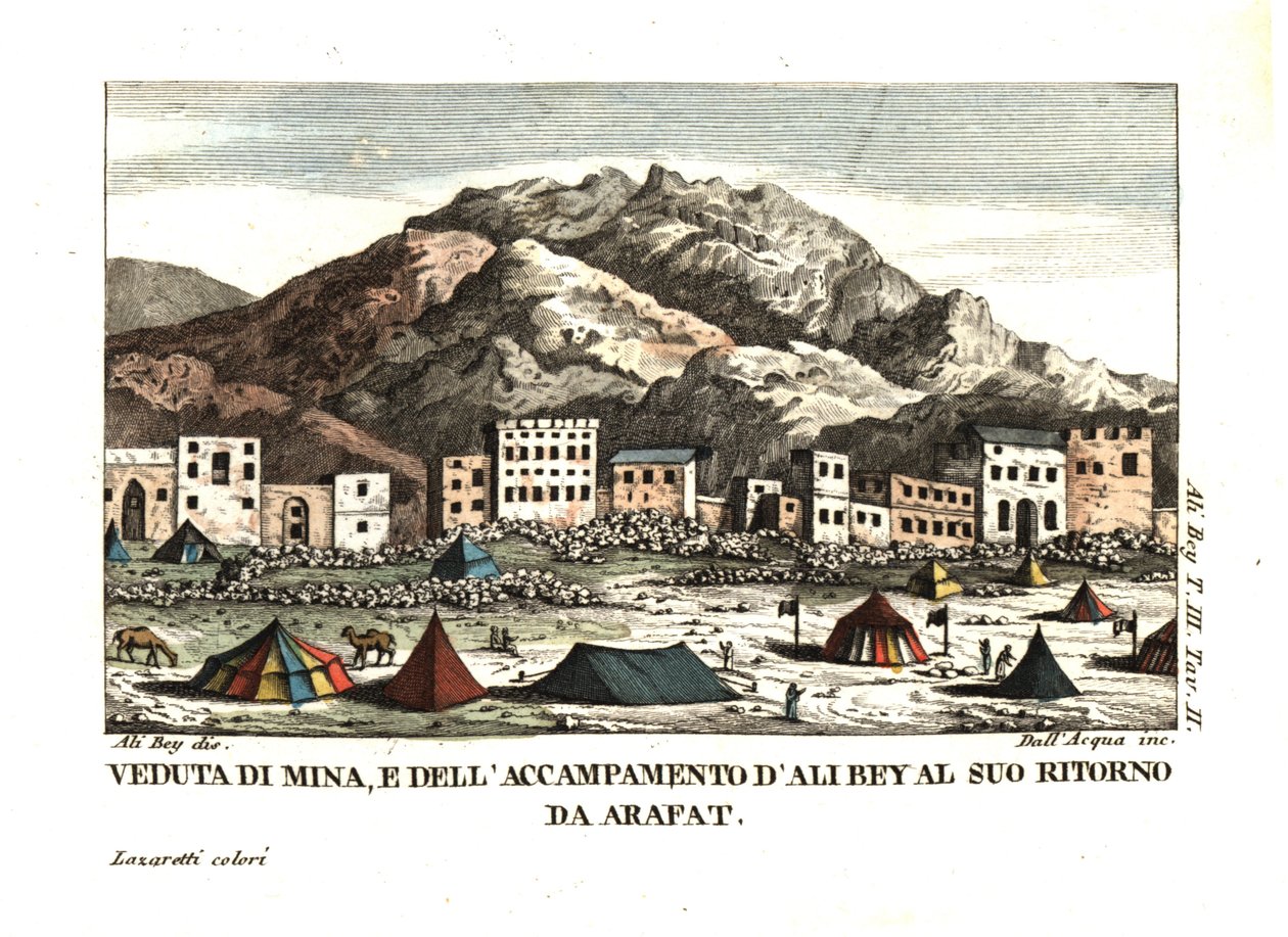 Pohled na vesnici Mína v poušti Arafát (Stanové město, Mekka, Saúdská Arábie). Ilustrace Aliho Beye el Abbassiho z knihy Travels in Morocco, Tripoli, Cyprus, Egypt, Arabia, Syria and Turkey, London 1816. Mědirytina od dell